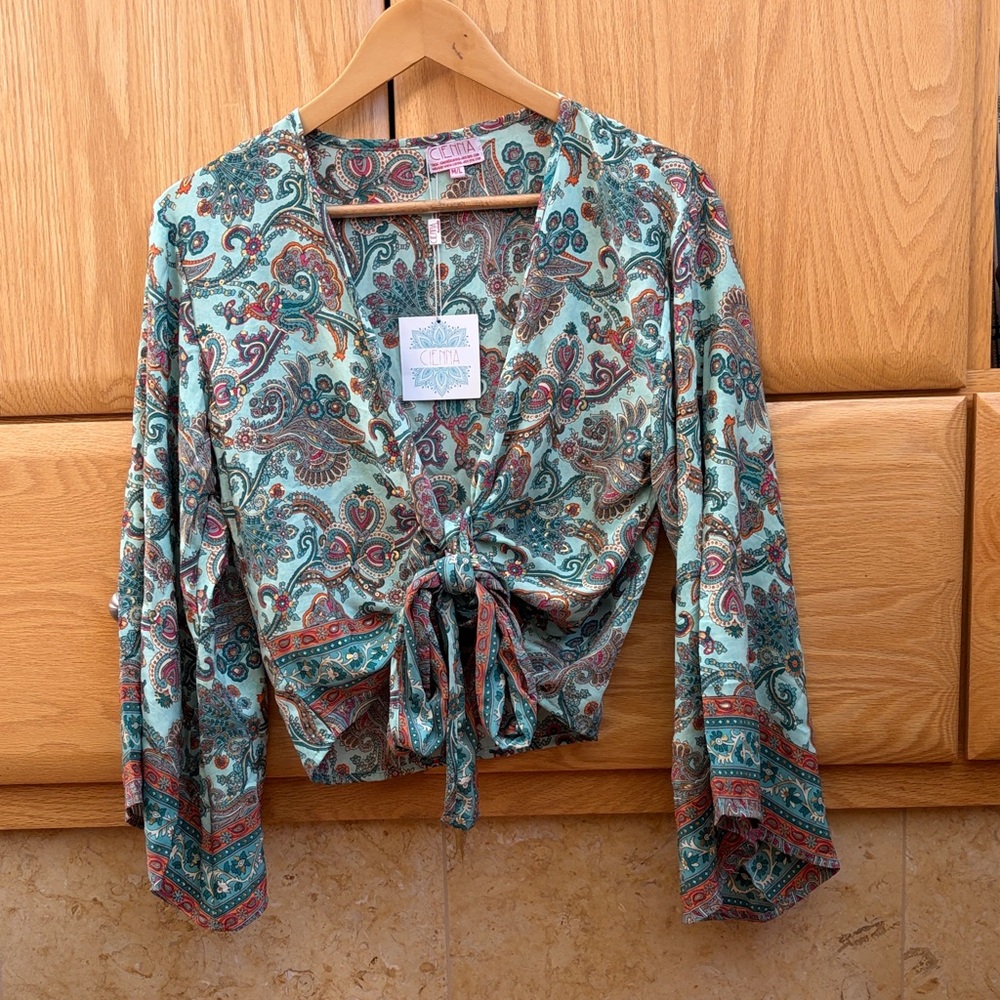CeCe Teal Paisley Tie-Front Blouse